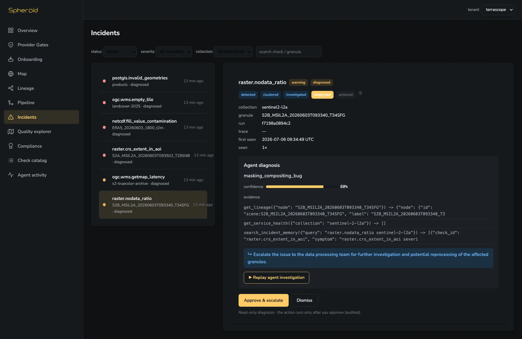 GeoTrace agent root-cause diagnosis with evidence and recommended action