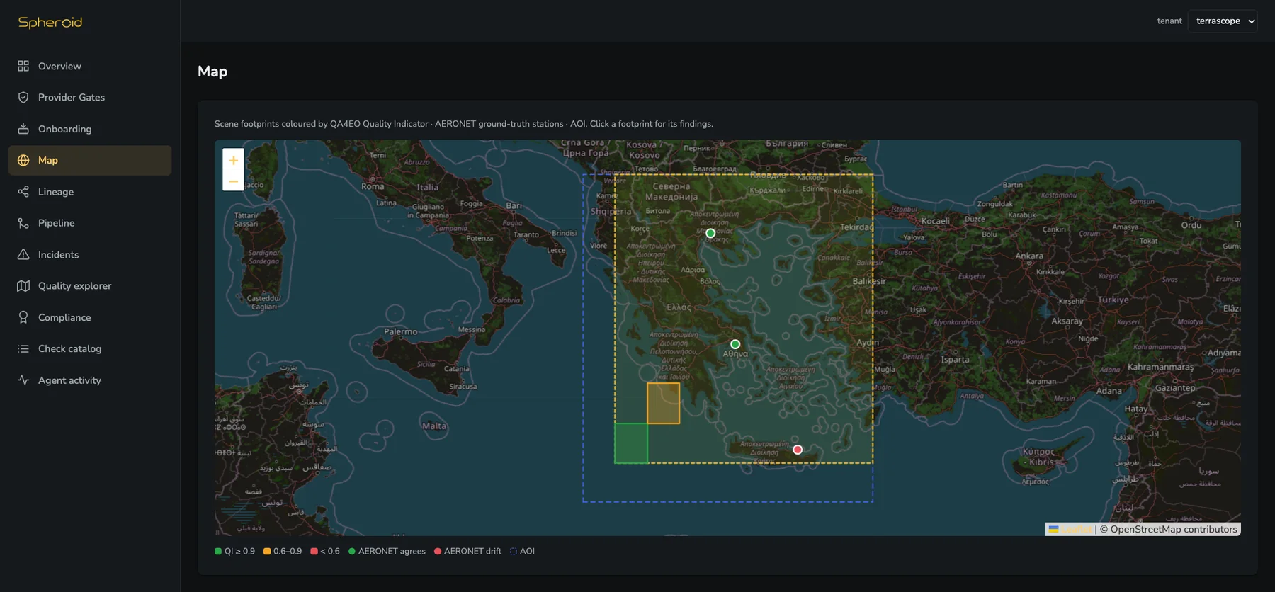 Scene footprints scored by QA4EO, AERONET ground-truth stations and the ordered AOI